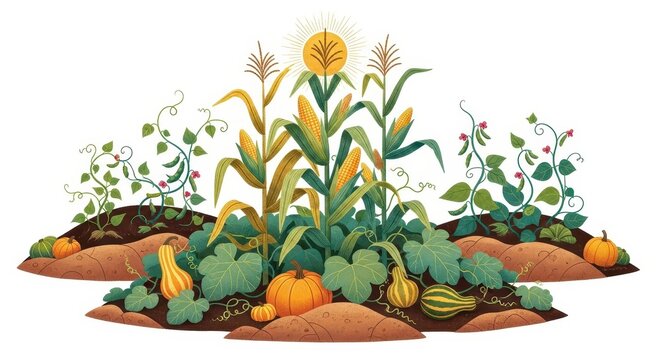 illustration of three sisters companion planting with corn, beans, and squash growing together. this symbolizes sustainable agriculture, harvest, and autumn abundance. thanksgiving concept. web banner