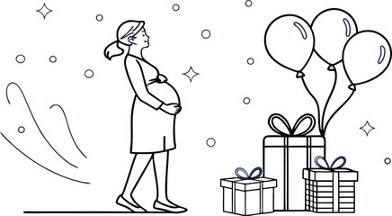 Expecting mother celebrating with gifts and balloons, a joyful anticipation of new life, perfect for baby shower invitations and announcements