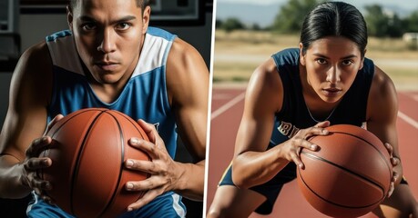 intense portraits of man and woman basketball players holding ball. diptych showcasing determination and focus before game. sports competition concept.