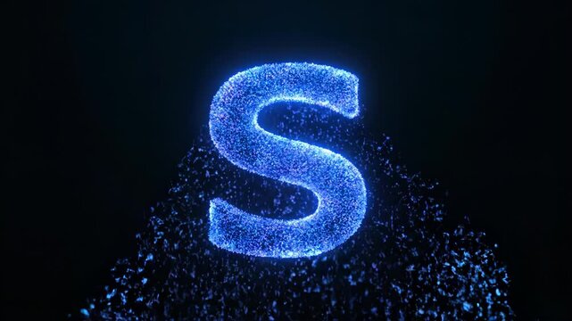 A luminous blue letter "S" composed of countless particles against a black backdrop. Particles emanate out