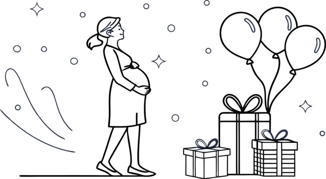 Expecting mother celebrating with gifts and balloons, a joyful anticipation of new life, perfect for baby shower invitations and announcements