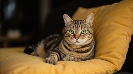 Tabby Cat Green Eyes Yellow Pillow