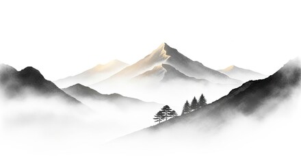 Misty Mountain Peaks Serene Landscape Art