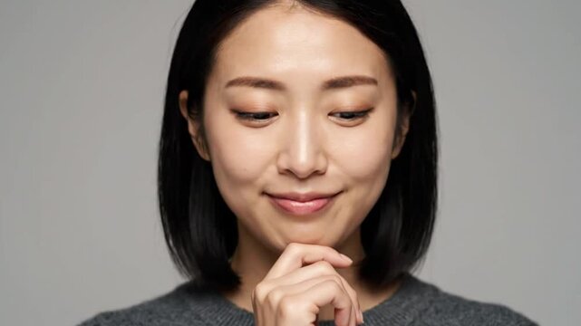 Asian woman with short black hair thinking with hand on her chin pose