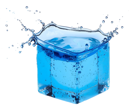 Captivating water cube creating a splash frozen in time against a stark solid setting