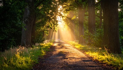 Sunbeams through trees, illuminating a path
