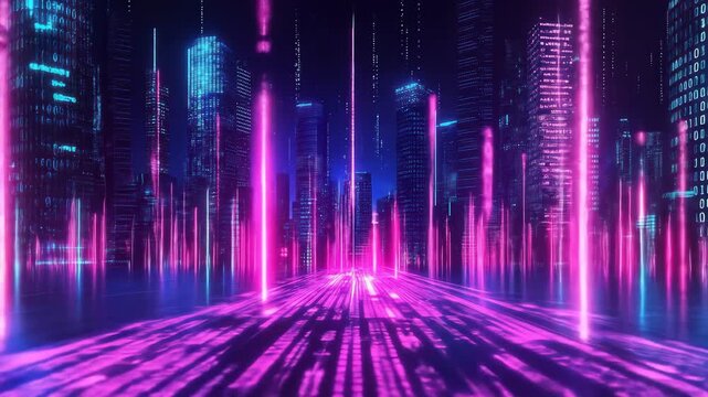 Cyberpunk city with glowing skyscrapers, binary code, and vibrant pink-blue light paths