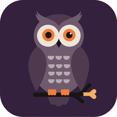 Fototapeta premium Stylized owl illustration with orange eyes on a branch against a dark purple background