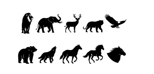 Naklejka premium Diverse wildlife collection featuring silhouettes of a lion elephant deer tiger eagle bear wolf horses showcasing nature's beauty in a minimalist design