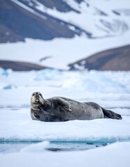 Naklejka premium Gray Seal basking on arctic ice floe