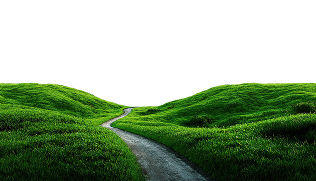 Idyllic grassy valley with a winding dirt path and transparent background