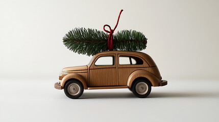 Toy car carrying a Christmas tree. The holiday season is here, with wooden car and tree on a white background. Get ready for the holidays!