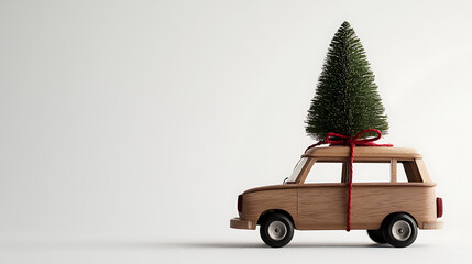 A charming wooden toy car carries a miniature Christmas tree, secured with a red ribbon, on a neutral backdrop. A heartwarming, festive scene.