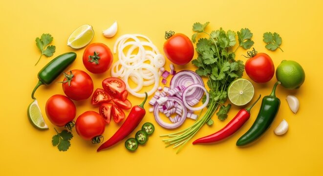 vibrant flat lay of fresh salsa ingredients on yellow background. top view of tomatoes, onions, cilantro, and chili peppers. mexican cuisine. recipe, menu, copyspace.