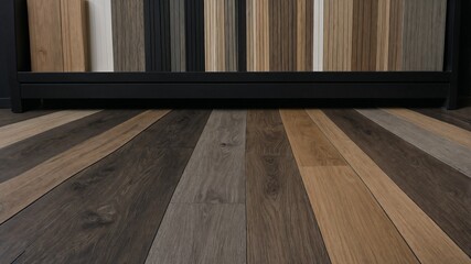 Organized display of a large assortment of wood laminate and luxury vinyl flooring samples in various colors for an interior design catalog or showroom.

