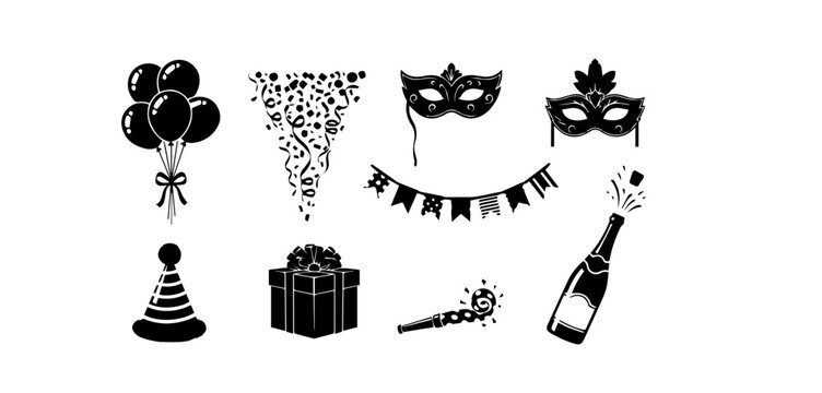 Festive celebration elements featuring balloons confetti masks a party hat a gift box a noisemaker and a champagne bottle perfect for event designs