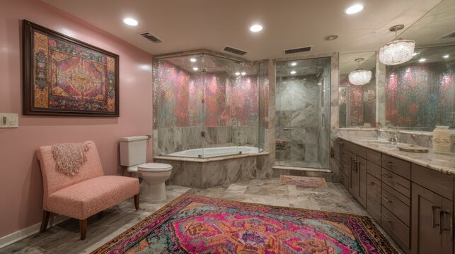 Medium shot of a stylish bathroom remodel featuring intricate tile work with vibrant patterns enhancing the wall and floor surfaces for a bold artistic appeal.
