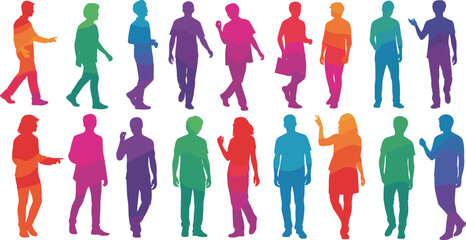 Colorful human silhouettes, gradient people figures, diverse crowd illustration, walking standing gestures, modern lifestyle concept, cad drawing flat vector illustration