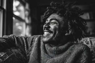 Fototapeta premium Happy young man smiling indoors during a cozy afternoon at home with natural light streaming through the windows