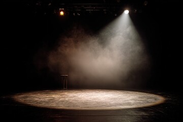 Obraz premium Spotlight on empty stage with smoke indicating a performance about to begin in evening hours