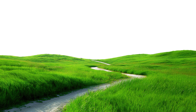 Winding Pathway Through Verdant Green Hills Under a Dark Expanse of Sky transparent background