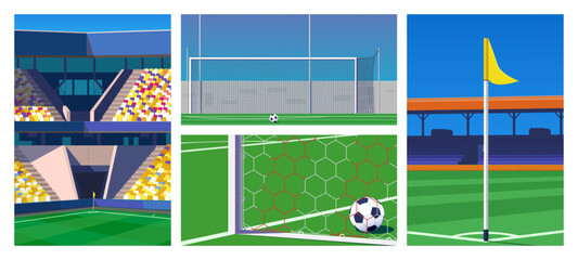 A set of football posters. Stadium and spectator stands, football field, goals and ball, close-up of the goal net, corner flag. Sports infrastructure, sports equipment, vector illustration. © Apoz