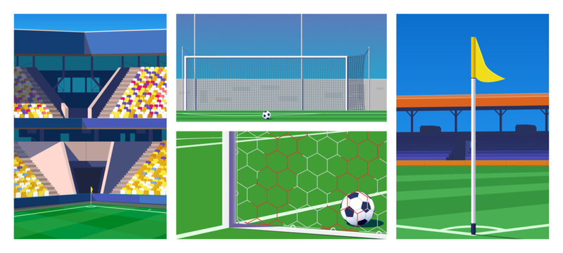 A set of football posters. Stadium and spectator stands, football field, goals and ball, close-up of the goal net, corner flag. Sports infrastructure, sports equipment, vector illustration.