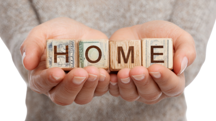 Wooden blocks spelling HOME held in open hands represent family and shelter