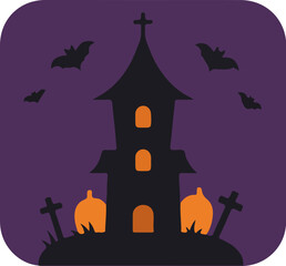 Halloween illustration with haunted house, pumpkins, gravestones, and bats on purple background