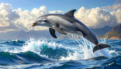 Fototapeta premium A majestic dolphin leaps high out of the blue ocean water.