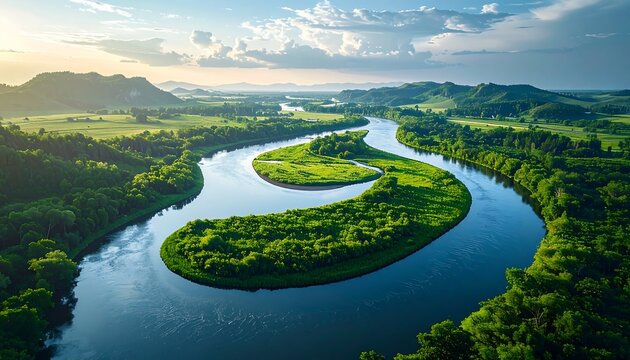 Serpentine river meanders through lush green valley at sunrise - Powered by Adobe