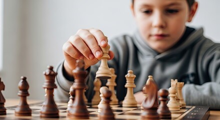 Young boy intensely focused playing a game of chess strategizing his next move on the board