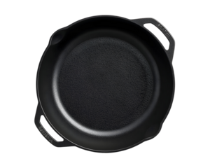 Close-up studio shot showcasing a well seasoned cast iron skillet on a clean background