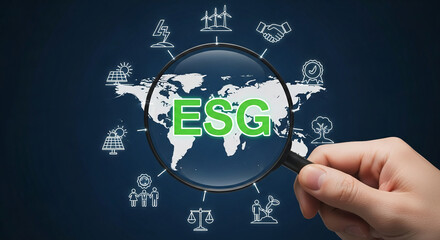 Magnifying glass over world map showcasing ESG acronym, surrounded by environmental and social icons, representing sustainable business practices and global responsibility