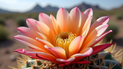 A vibrant cactus flower blooms in the desert, pink and peach petals close up.