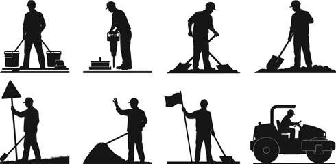 Construction workers silhouettes, roadwork labor people, jackhammer operator, shovel digging, traffic control, road roller machine, building site job, cad drawing flat vector illustration