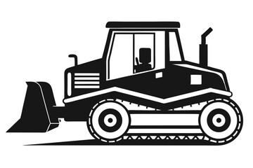 Silhouette of a Tracked Bulldozer with a Driver in a Minimalist Illustration Style