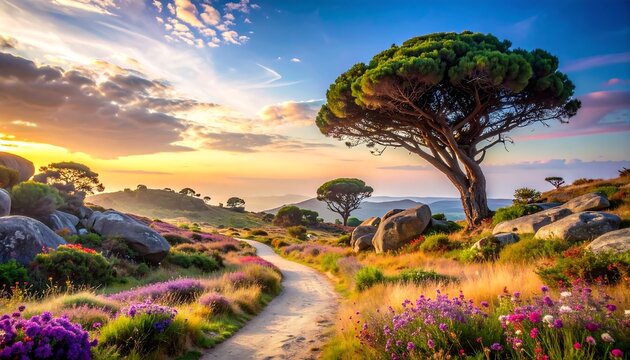 Serene countryside path leads towards a beautiful sunset - Powered by Adobe