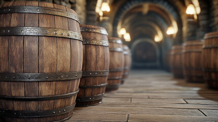 Evocative view of wooden barrels in a dimly lit cellar, perfect for wine, whiskey or bourbon marketing, showcasing rustic charm and vintage appeal