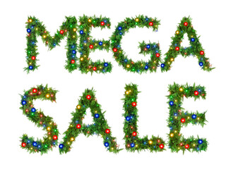 words MEGA SAL made from a Christmas garland.