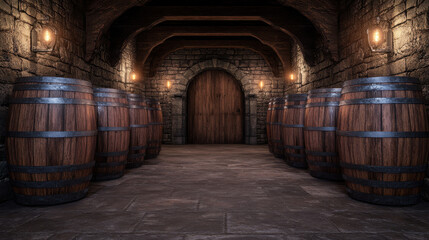 Mysterious wine cellar with aged wooden barrels ready for tasting, creating a rustic, authentic ambiance perfect for wine enthusiasts and connoisseurs