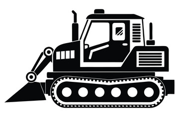 Black and White Bulldozer Icon with Caterpillar Tracks and Front Blade Design