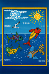 Colorful hand-painted miniature of cheerful fish and bright sea scene in a playful, childlike style. Perfect for children’s rooms and storybooks. Vector illustration. Fixed with AI.