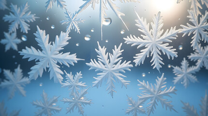 Beautiful frosted snowflakes with water drops on a window pane, creating a serene winter background.