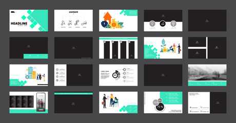 Business presentation infographics. Template design elements green rhombus, white background. Houses, people buying real estate in city, photo. Team of people businessman. Vector illustration