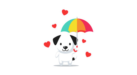 Charming Cartoon Dog with Colorful Umbrella Surrounded by Floating Hearts illustration
