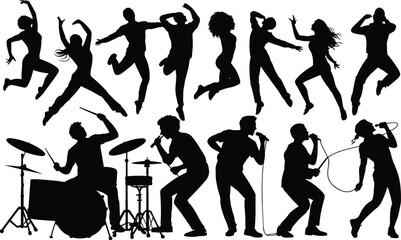 Dance silhouettes, music performance, energetic poses, live concert, expressive movement, black figures, stage action, vocalists, drummer, artistic composition, performing arts