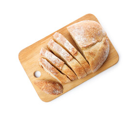 Loaf of fresh cut bread isolated on white, top view