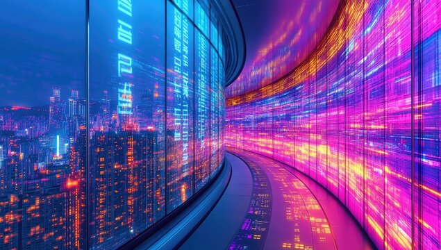 Curving futuristic corridor with city view and light streaks