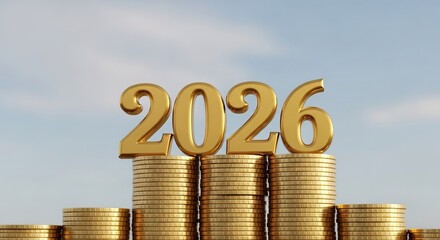 Financial Growth and Investment, A stack of golden coins displays the year 2026, wealth and future financial aspirations.
